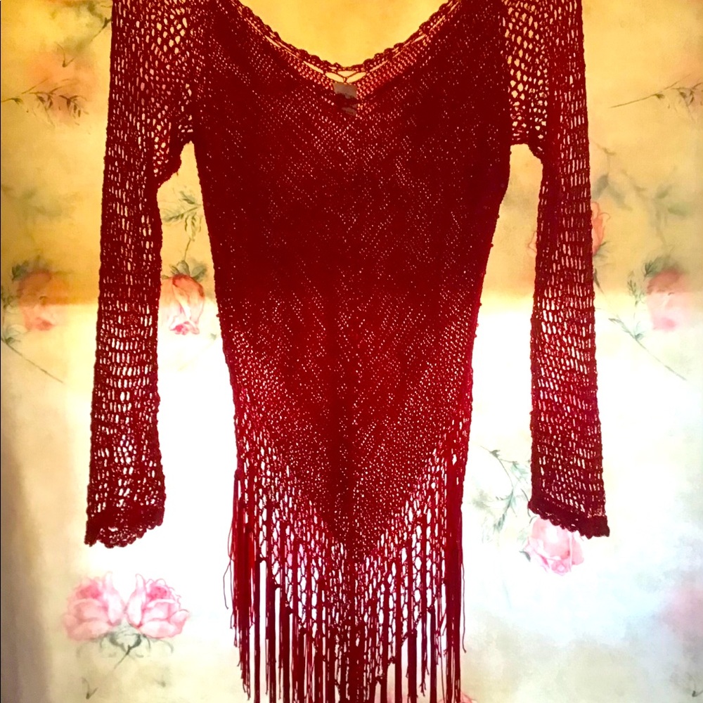 Fina Moda, Red Beaded Lace and Fringe Top